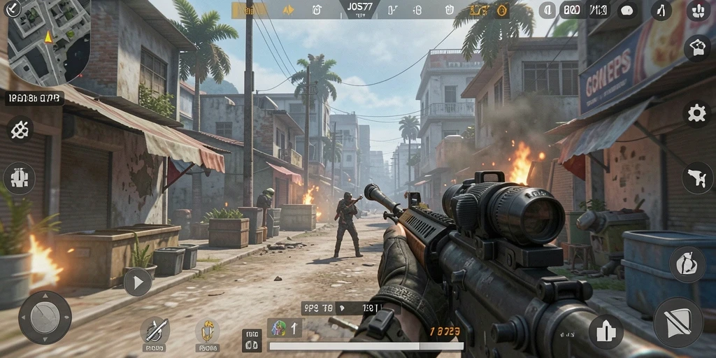 Screenshot gameplay JOS77 menampilkan aksi menembak yang mendebarkan.