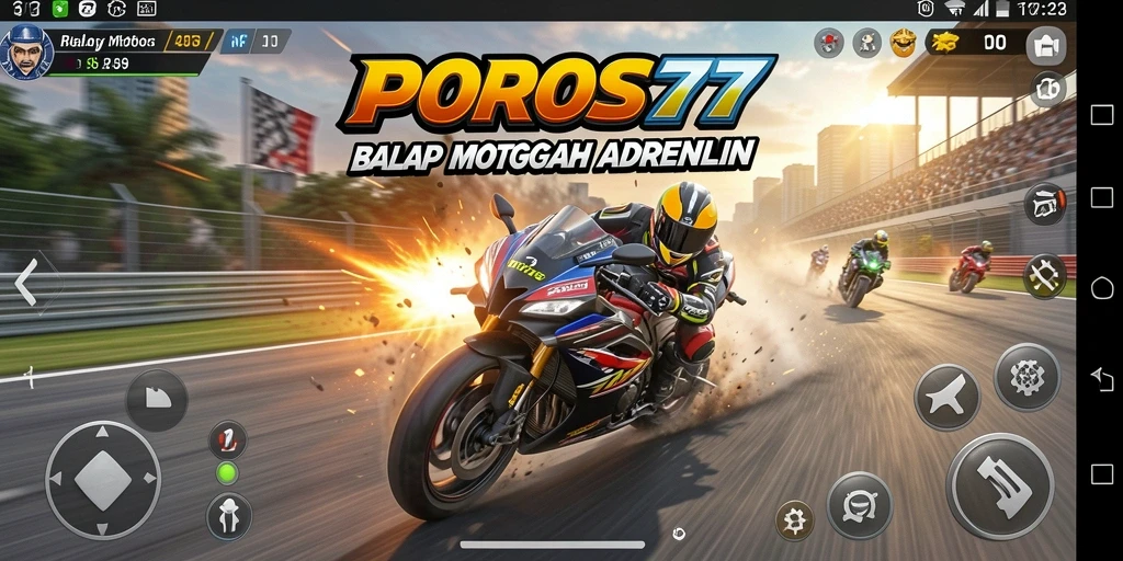 Screenshot gameplay POROS77 menampilkan aksi balapan motor yang mendebarkan.